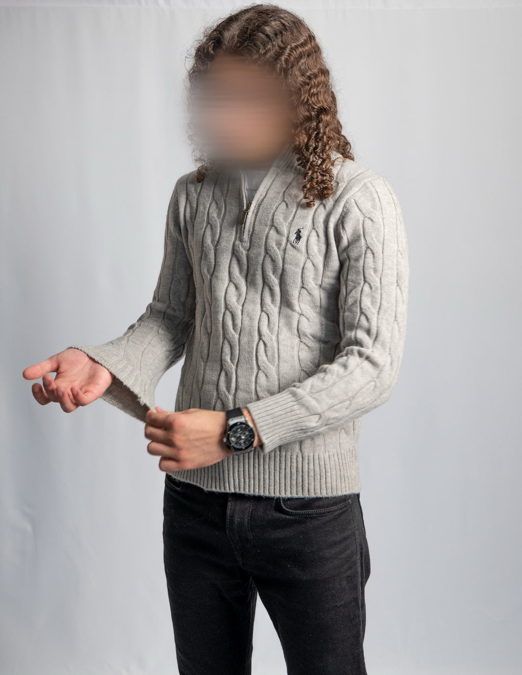 Ralph Lauren – Grauer Pullover mit Zopfmuster und Reißverschluss