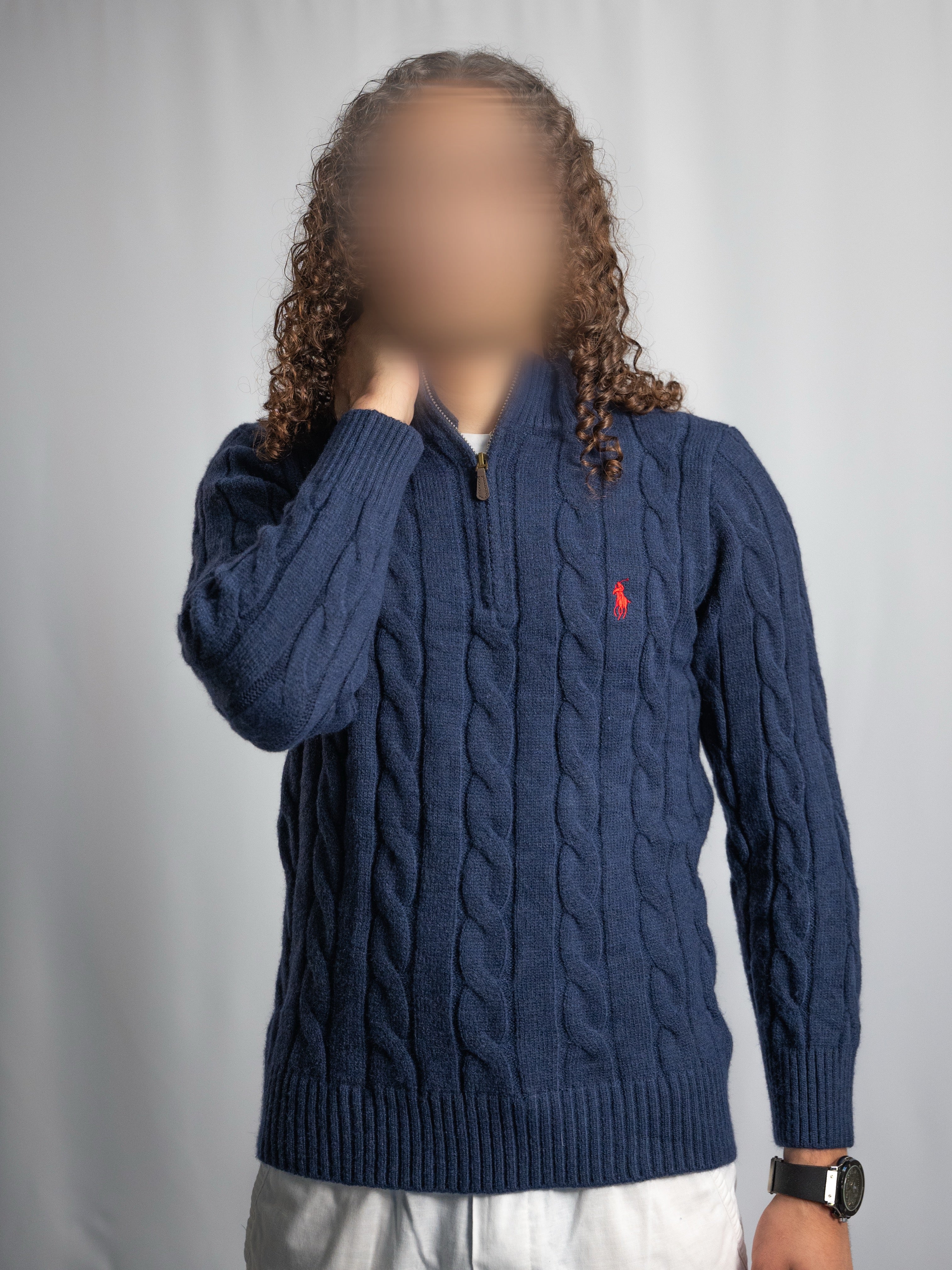 Ralph Lauren – Schwarzer Pullover mit Reißverschluss – Zopfmuster