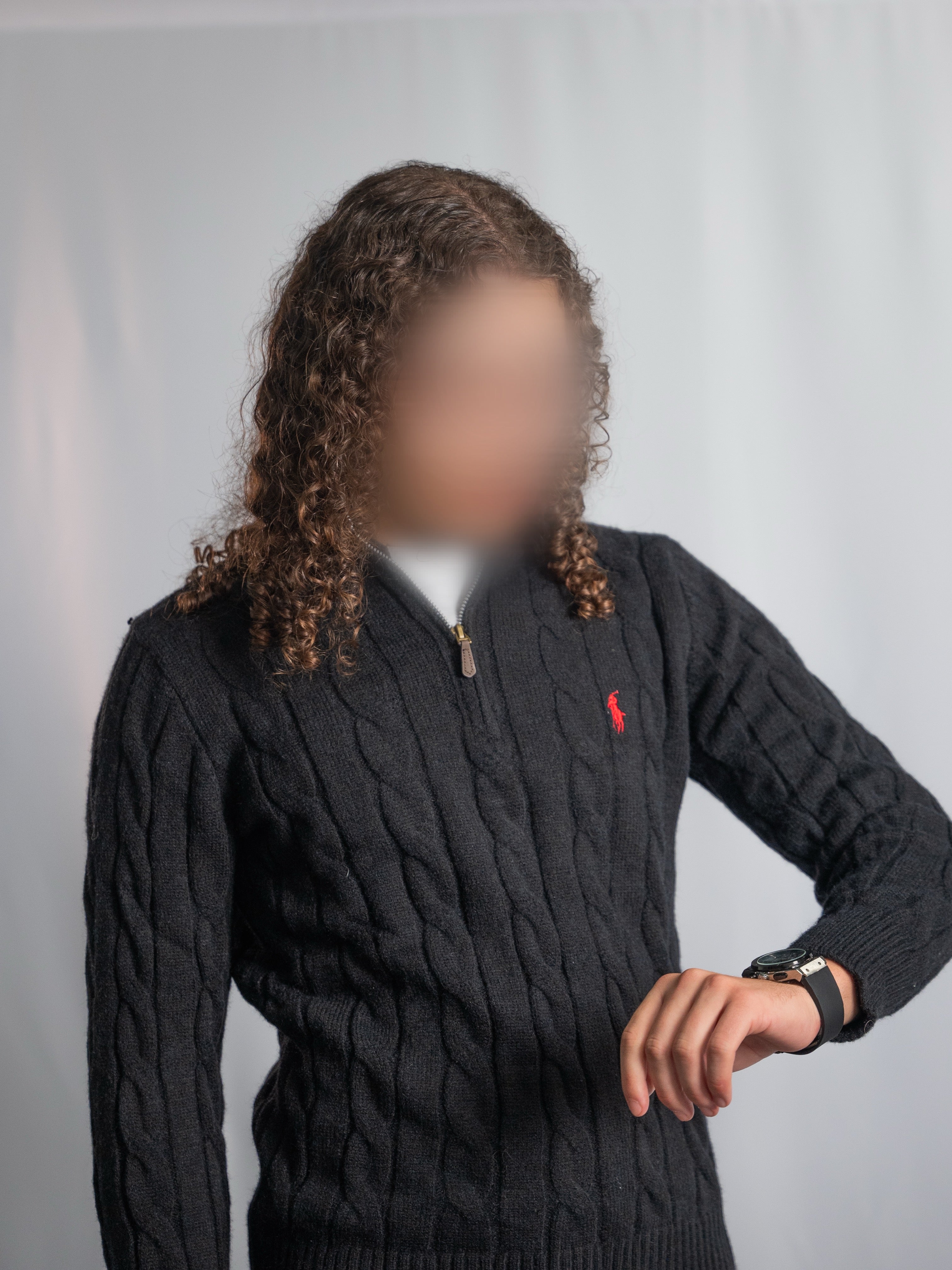 Ralph Lauren – Schwarzer Pullover mit Reißverschluss – Zopfmuster